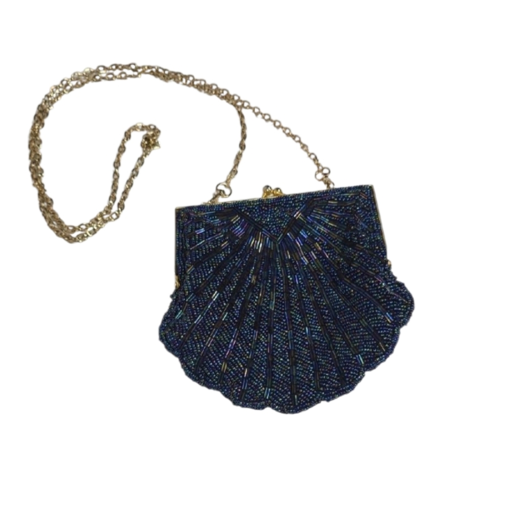 Hillard & Hanson Elegant Blue Beaded Clutch  Gold Chain Vintage Evening Purse
